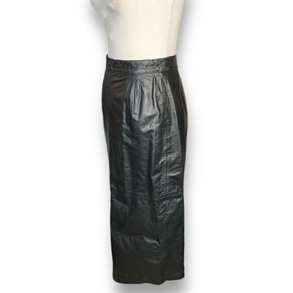 Vintage 90s Midi Pencil Skirt Black Leather High Waisted Tailored Snap Button - Picture 3 of 10